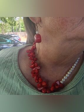 Red Faux Coral& Freshwater Pearl Necklace & Earrings